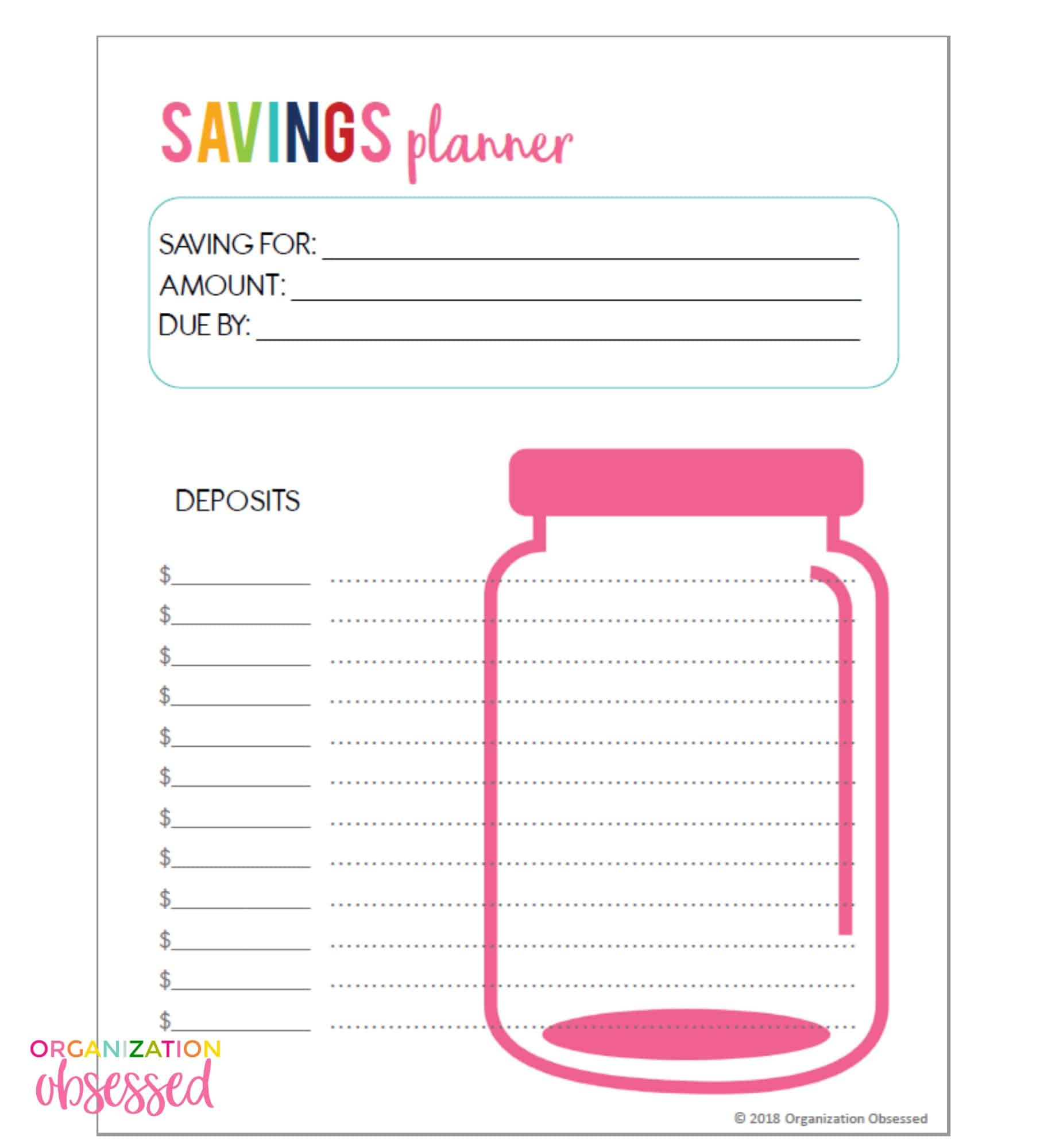 free printable savings tracker - organization obsessed